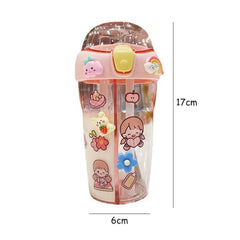 Cute Double Compartment Water Bottle With Two Straws For Kids-430 ML