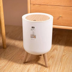 Dustbin With White Body And Wooden Lid (Round Shape)