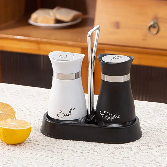 Salt and Pepper Shaker Set With Stand (Black and White Glass Material)