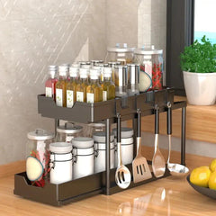Double Layer Kitchen Storage Rack With Sliding Seasoning Shelf