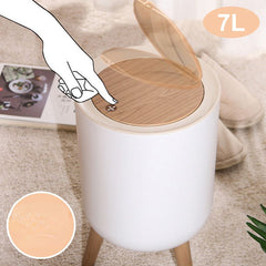 Dustbin With White Body And Wooden Lid (Round Shape)