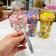 Cute Double Compartment Water Bottle With Two Straws For Kids-430 ML
