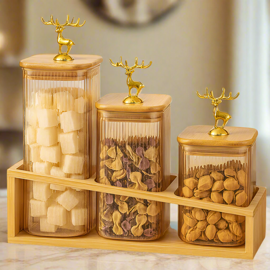 3-Piece Glass Jar Set with Wooden Stand