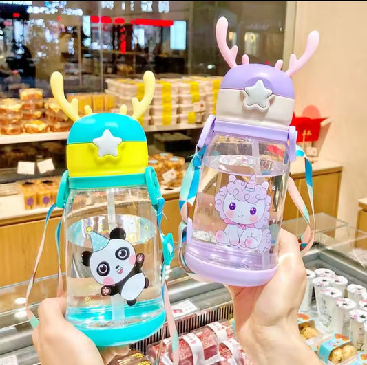 Cartoon Design Water Bottle With Straw
