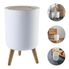 Dustbin With White Body And Wooden Lid (Round Shape)