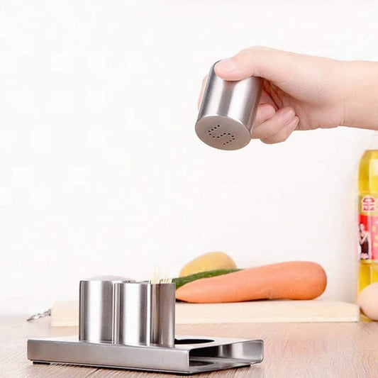 Stainless Steel Salt And Pepper With Stand and Toothpicks Holder
