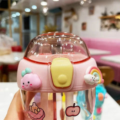 Cute Double Compartment Water Bottle With Two Straws For Kids-430 ML