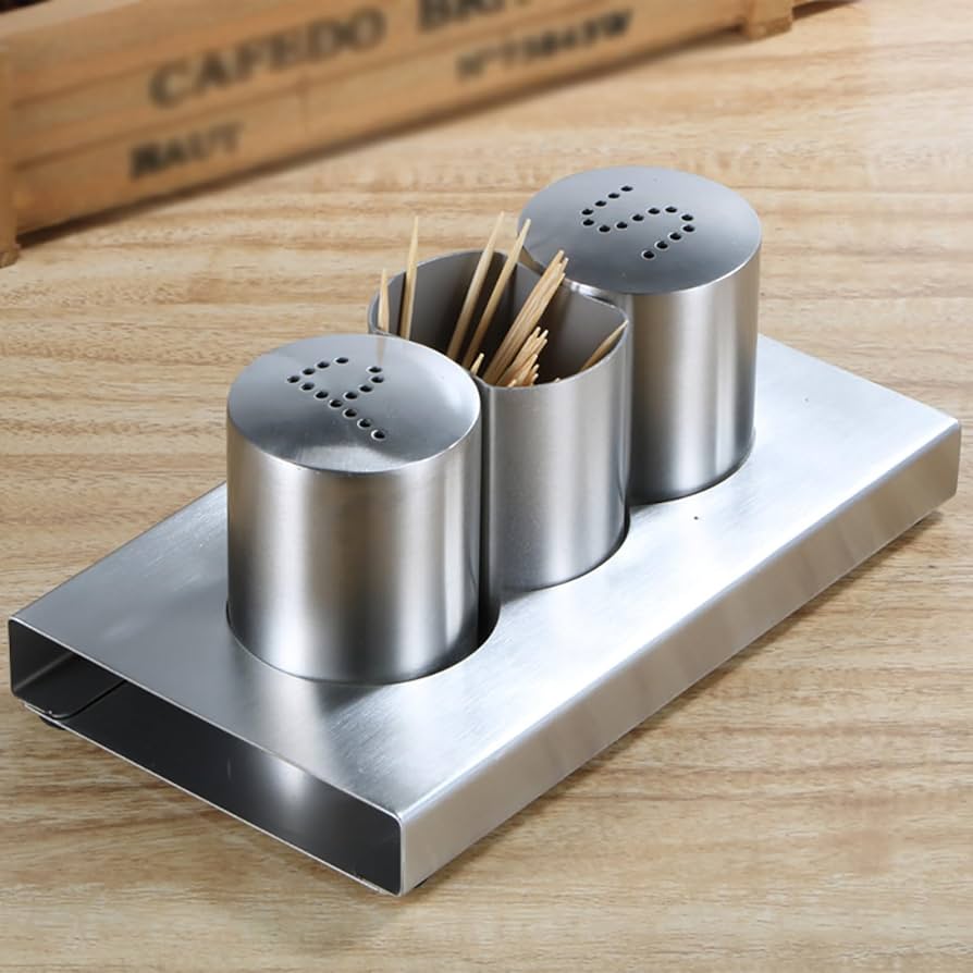Stainless Steel Salt And Pepper With Stand and Toothpicks Holder