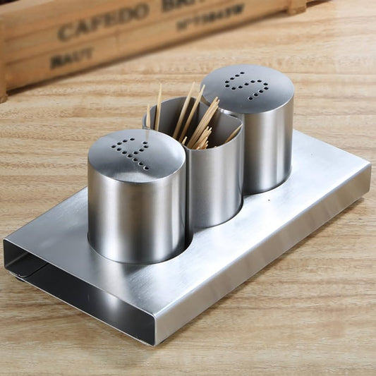Stainless Steel Salt And Pepper With Stand and Toothpicks Holder