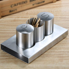 Stainless Steel Salt And Pepper With Stand and Toothpicks Holder