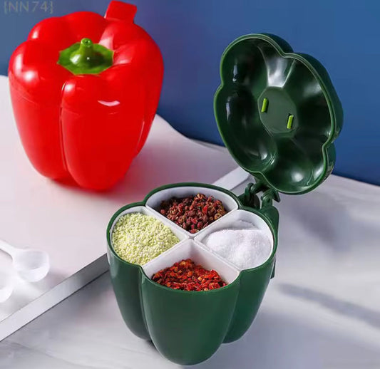 Capsicum Shaped Four Compartments Spice Jar Container with Spoons