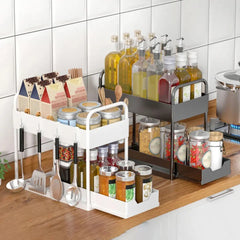 Double Layer Kitchen Storage Rack With Sliding Seasoning Shelf