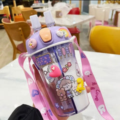 Cute Double Compartment Water Bottle With Two Straws For Kids-430 ML