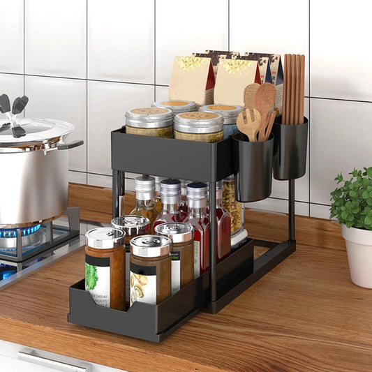 Double Layer Kitchen Storage Rack With Sliding Seasoning Shelf