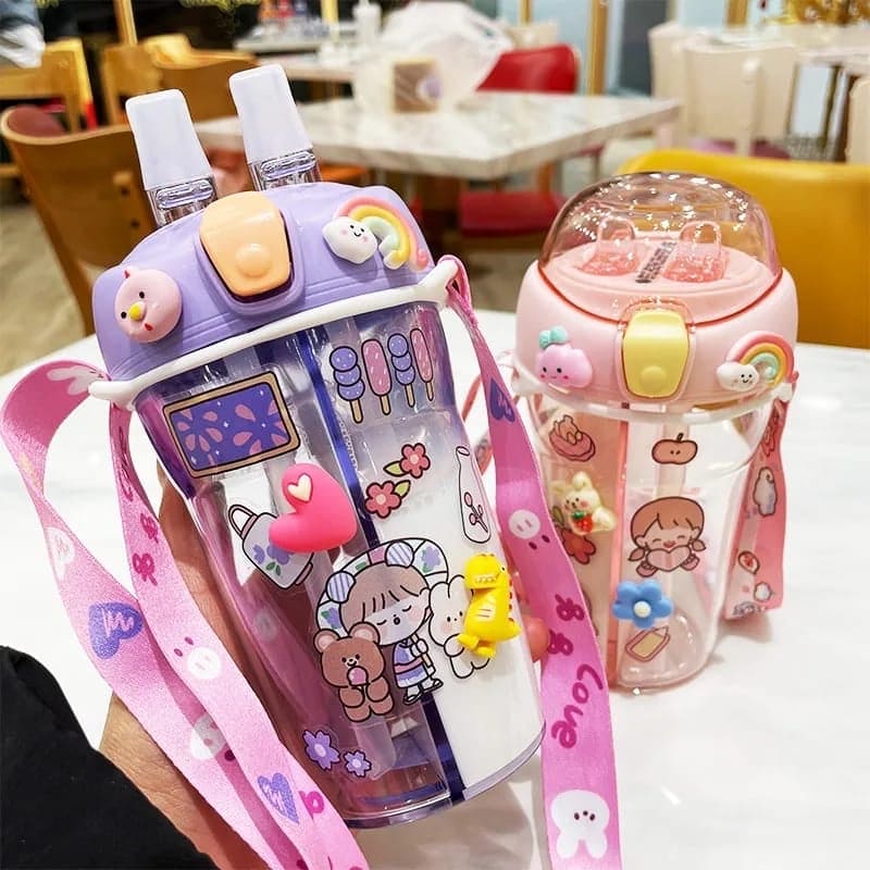 Cute Double Compartment Water Bottle With Two Straws For Kids-430 ML