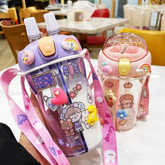 Cute Double Compartment Water Bottle With Two Straws For Kids-430 ML