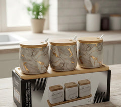3pc Ceramic spice jar set with wooden tray and spoons