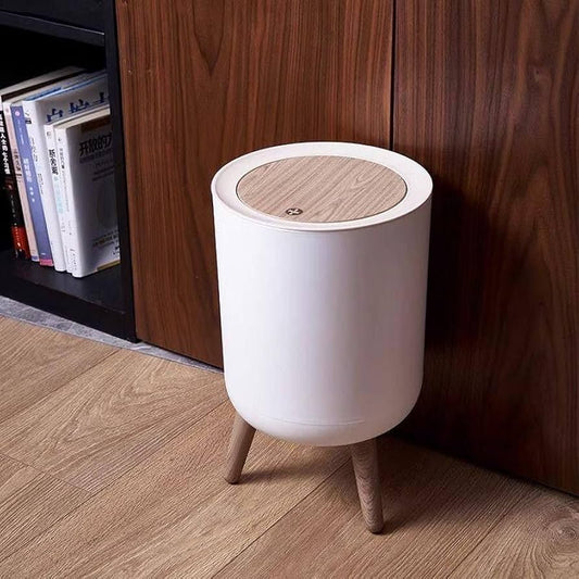 Dustbin With White Body And Wooden Lid (Round Shape)