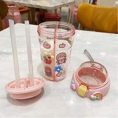 Cute Double Compartment Water Bottle With Two Straws For Kids-430 ML