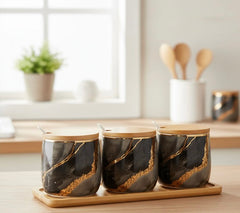 3pc Ceramic spice jar set with wooden tray and spoons