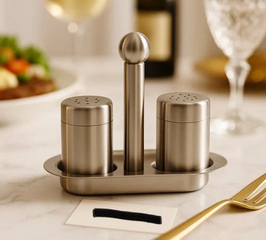 Stainless Steel Salt And Pepper Shakers With Stainless Steel Holder