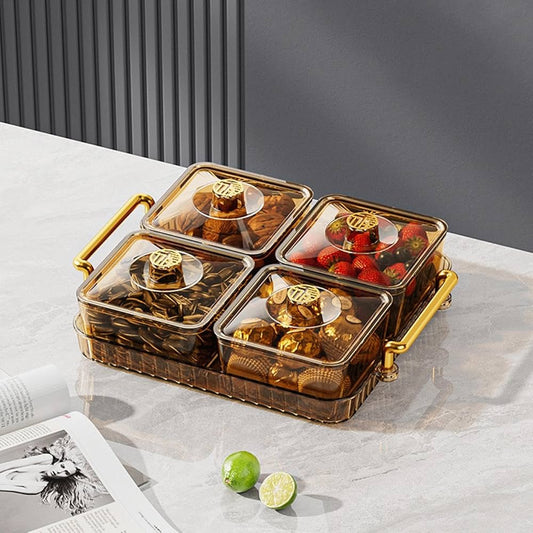 4 Grid Serving Tray with Removable Compartments, Lid & Handle