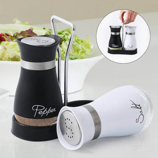 Salt and Pepper Shaker Set With Stand (Black and White Glass Material)