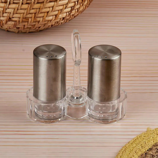 Stainless Steel Salt and Pepper Shakers With Acrylic Stand