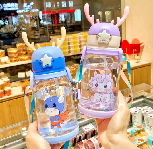 Cartoon Design Water Bottle With Straw