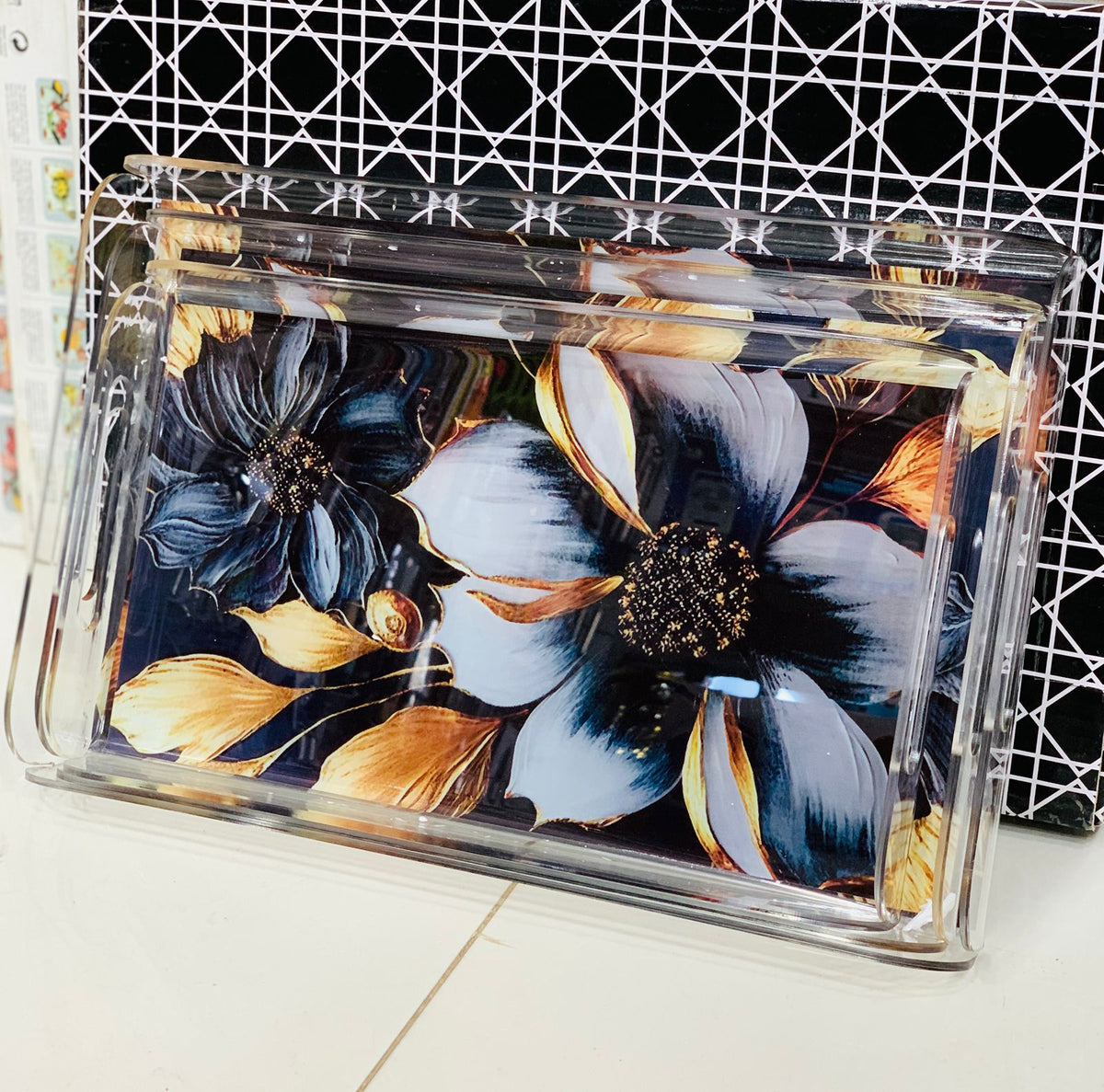 Acrylic Flower Design Tray 3pcs Set