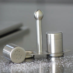 Stainless Steel Salt And Pepper Shakers With Stainless Steel Holder