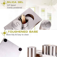 Stainless Steel Salt And Pepper With Stand and Toothpicks Holder
