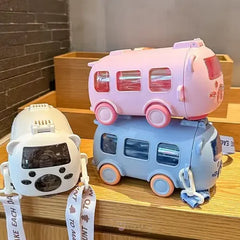 CUTE BEAR BABY BUS SIPPER WATER BOTTLE WITH STRAW AND STRAPS - 500ML