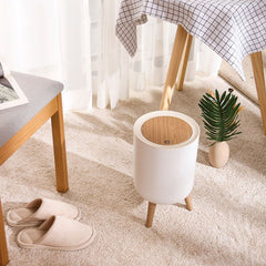 Dustbin With White Body And Wooden Lid (Round Shape)