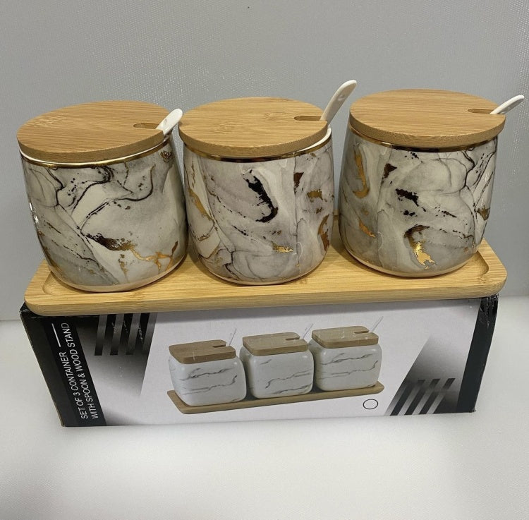 3pc Ceramic spice jar set with wooden tray and spoons