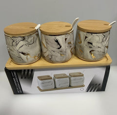 3pc Ceramic spice jar set with wooden tray and spoons
