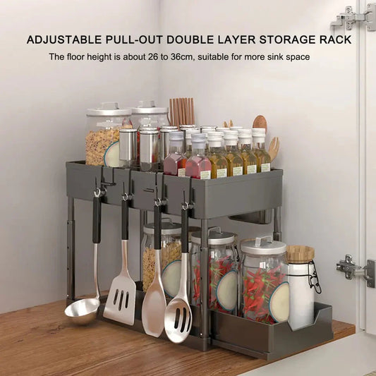 Double Layer Kitchen Storage Rack With Sliding Seasoning Shelf
