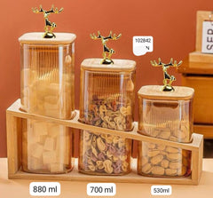 3-Piece Glass Jar Set with Wooden Stand