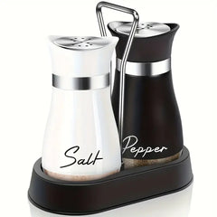 Salt and Pepper Shaker Set With Stand (Black and White Glass Material)