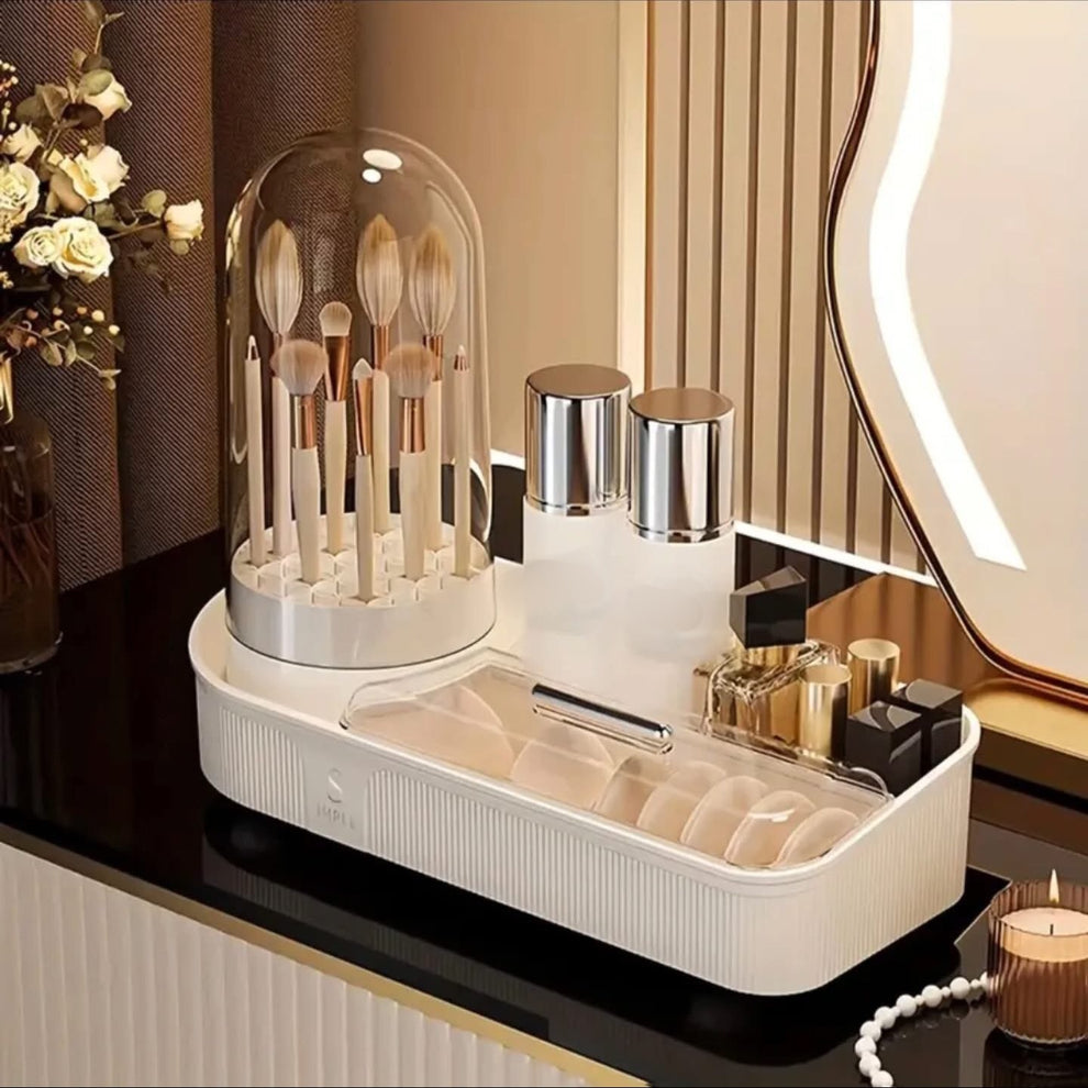 4 in 1 Elegant Makeup Organizer with Rotating Brushes Holder & Makeup Brushes Cleaner