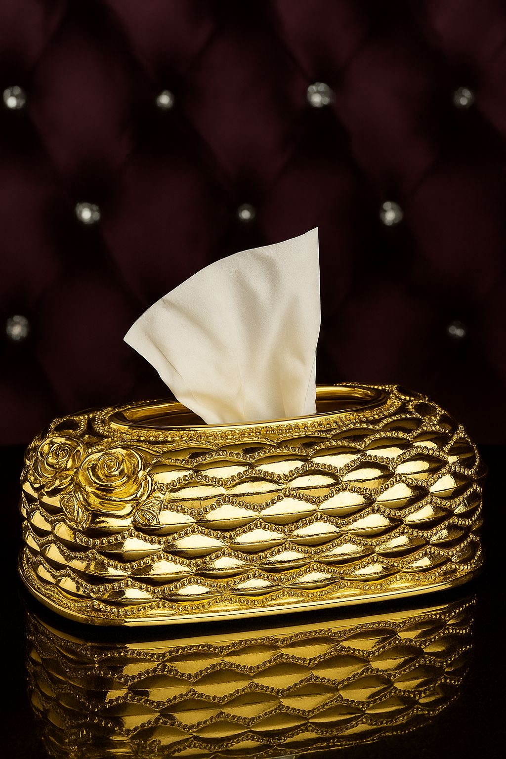 Golden Tissue Box With 3D Rose Design