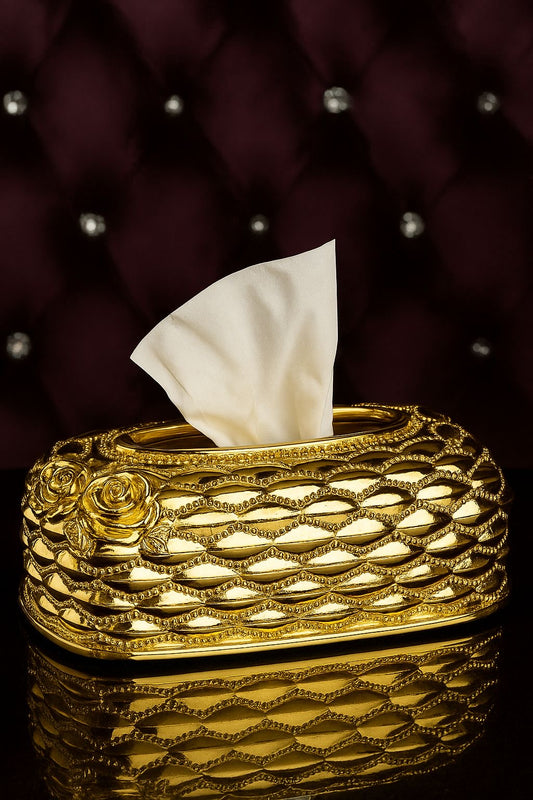 Golden Tissue Box With 3D Rose Design