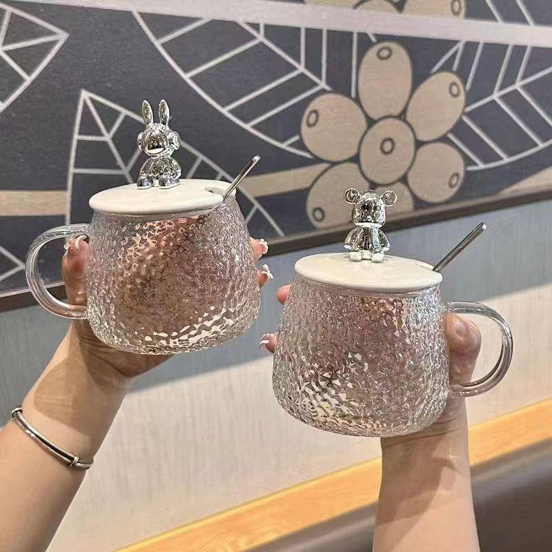 Diamond Glass Mug with Rabbit Lid & Spoon – Heat Resistant Coffee & Tea Cup