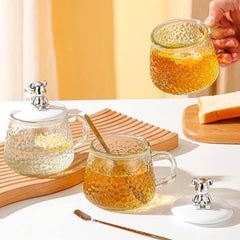 Diamond Glass Mug with Rabbit Lid & Spoon – Heat Resistant Coffee & Tea Cup