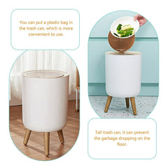 Dustbin With White Body And Wooden Lid (Round Shape)