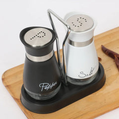 Salt and Pepper Shaker Set With Stand (Black and White Glass Material)