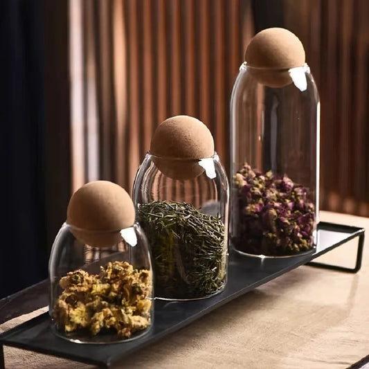 3Pcs Set Of Storage Jars With Bamboo Ball Lids