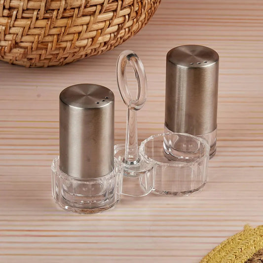 Stainless Steel Salt and Pepper Shakers With Acrylic Stand