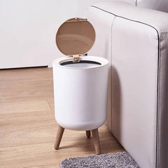 Dustbin With White Body And Wooden Lid (Round Shape)