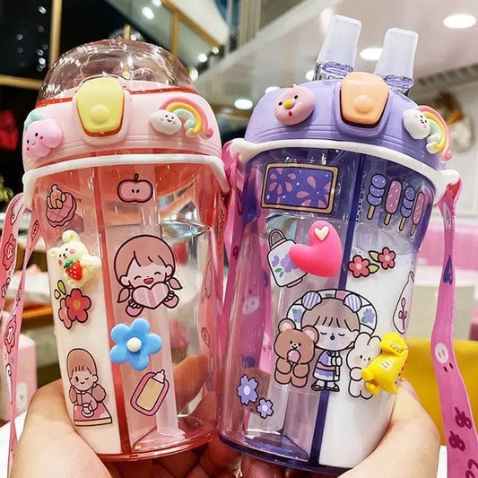Cute Double Compartment Water Bottle With Two Straws For Kids-430 ML